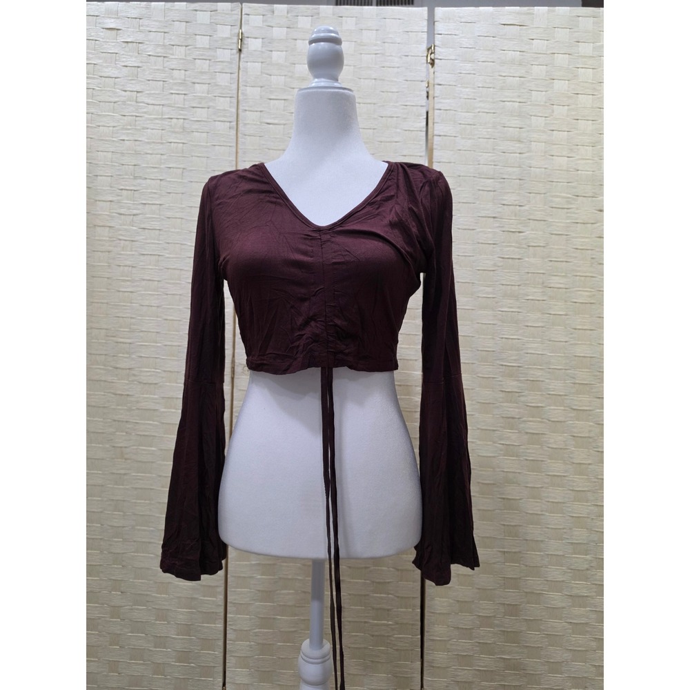 ZAFUL Womens Brown Ruched Front Bell Sleeve Crop Top V-Neck Size S NWT